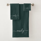 Donkergroen Modern Script Monogram Naam Bad Handdoek (Insitu)