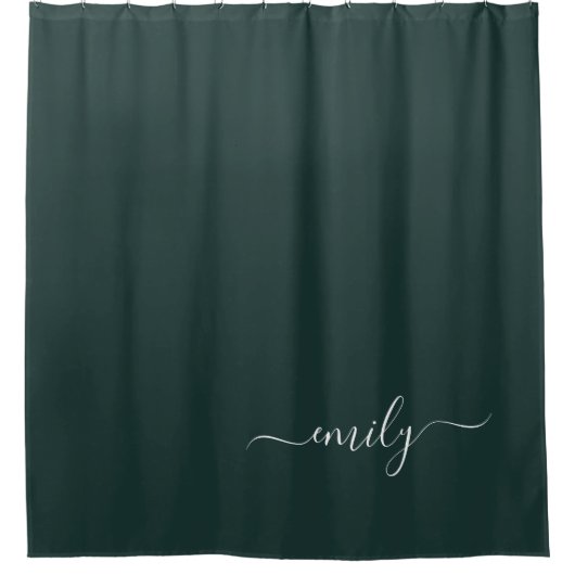Donkergroen Modern Script Monogram Naam Douchegordijn (Voorkant)