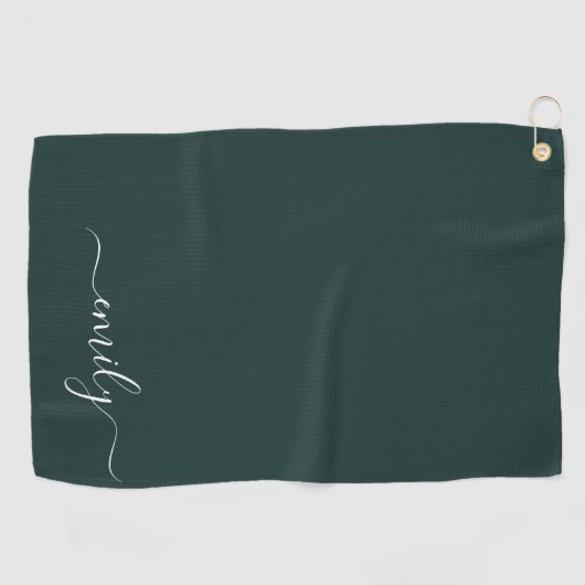 Donkergroen Modern Script Monogram Naam Golfhanddoek (Horizontaal)