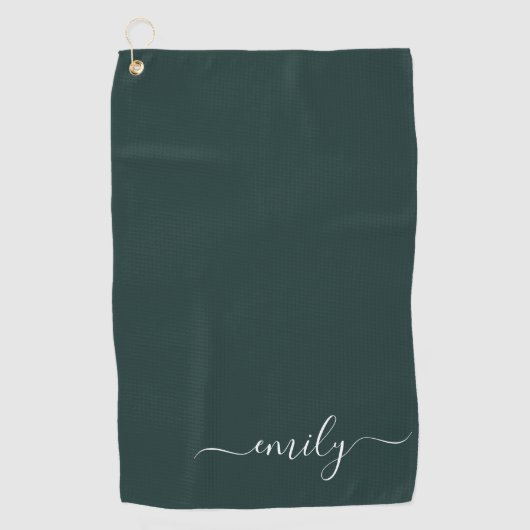 Donkergroen Modern Script Monogram Naam Golfhanddoek (Voorkant)