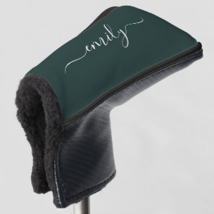 Donkergroen Modern Script Monogram Naam Golfheadcover