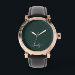 Donkergroen Modern Script Monogram Naam Horloge<br><div class="desc">Donkergroen Eenvoudig Script Monogram Naam. Dit maakt de perfecte lieve 16 verjaardags-, bruiloft-, vrijgezellenfeest-, jubileum-, baby shower- of vrijgezellenfeestcadeau voor iemand die van glamluxe en chique stijlen houdt.</div>