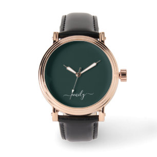 Donkergroen Modern Script Monogram Naam Horloge