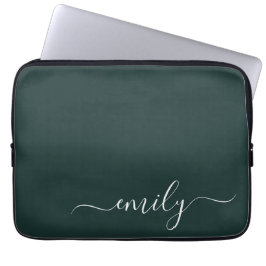 Donkergroen Modern Script Monogram Naam Laptop Sleeve