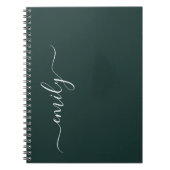 Donkergroen Modern Script Monogram Naam Notitieboek (Voorkant)