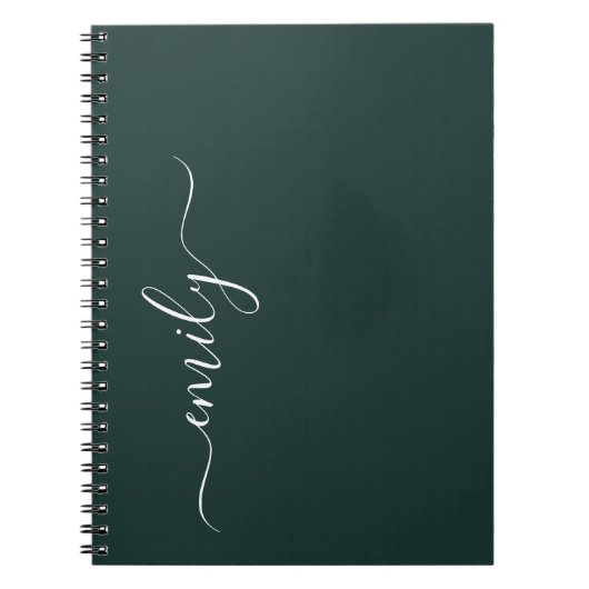 Donkergroen Modern Script Monogram Naam Notitieboek (Voorkant)