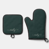 Donkergroen Modern Script Monogram Naam Ovenwant & Pannenlap Set (Voorkant)