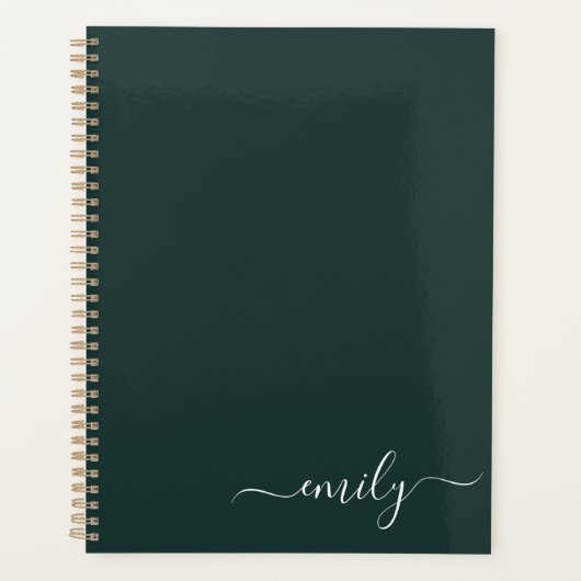 Donkergroen Modern Script Monogram Naam Planner (Voorkant)