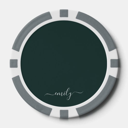 Donkergroen Modern Script Monogram Naam Poker Chips (Voorkant)