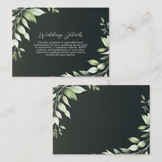 Donkergroen Moderne Groene Bladeren Trouwdetails Informatiekaartje (Voorkant / Achterkant)