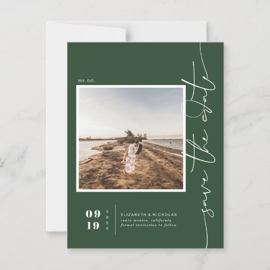 Donkergroen | Moderne minimale opslagdatum foto Magnetische Uitnodiging (Voorkant)