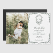 Donkergroen Monogram  Crest Sla de datum op Magnetische Uitnodiging (Voorkant / Achterkant)