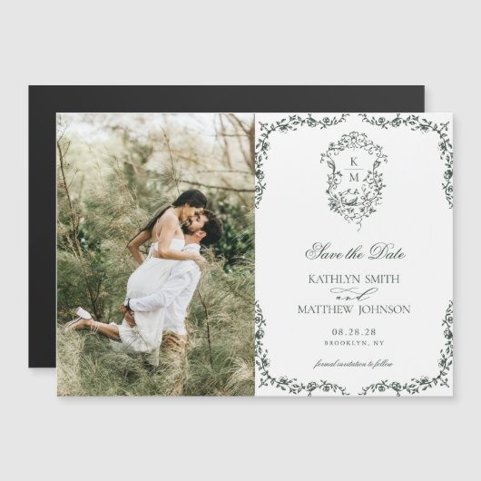 Donkergroen Monogram  Crest Sla de datum op Magnetische Uitnodiging (Voorkant / Achterkant)