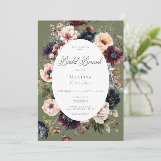 Donkergroen Ovaal Bloemen Lijst Bruids Brunch Kaart (Staand voorkant)