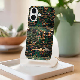 Donkergroen printplaatpatroon op maat iPhone 16 hoesje