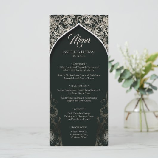 Donkergroen Regal zilver bloeien bruiloft Menu (Staand voorkant)
