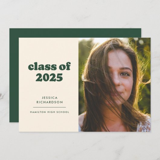 Donkergroen Retro Eenvoud Foto Afstuderen Aankondiging (Voorkant / Achterkant)