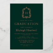 Donkergroen Roos Gold Crest Graduation Party Folie Uitnodiging (Voorkant)