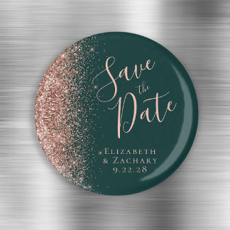 Donkergroen Roos Gold Glitter Script Save the Date Magneet