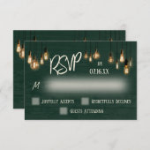 Donkergroen rustiek hout en Edison Lights RSVP Kaartje (Voorkant / Achterkant)