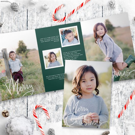 Donkergroen + Script Holiday Foto tri-Fold Kaart