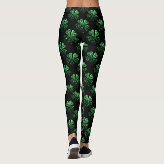 Donkergroen sparkle Shamrock Clover patroon zwart Leggings (Achterkant)