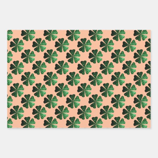 Donkergroen sparkly Shamrock patroon op perzik Inpakpapier Vel (Voorkant 2)