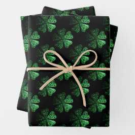 Donkergroen sprankelend Shamrock patroon op zwart Inpakpapier Vel
