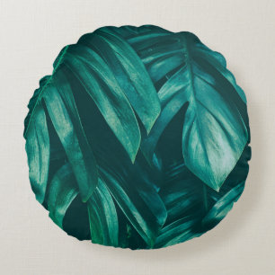 Donkergroen, tropisch oerwouden blad. rond kussen