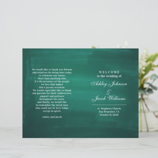 Donkergroen trouwprogramma. Modern elegant emerald (Staand voorkant)