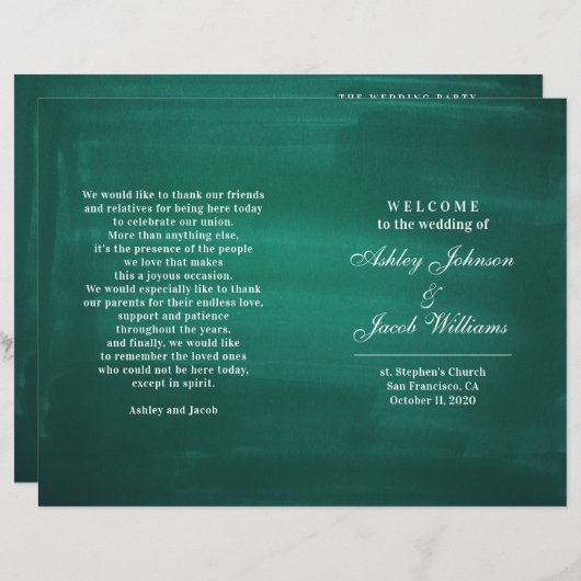 Donkergroen trouwprogramma. Modern elegant emerald (Voorkant / Achterkant)
