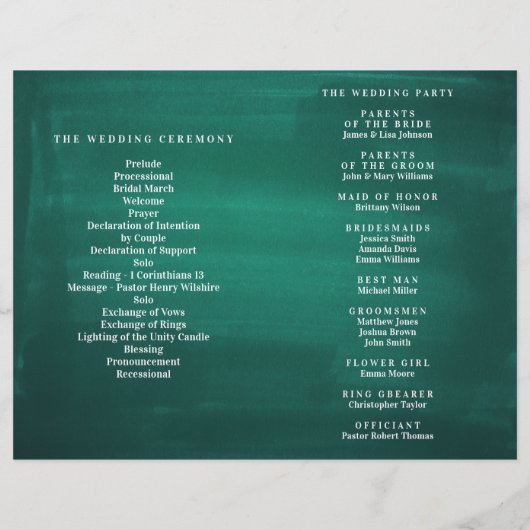 Donkergroen trouwprogramma. Modern elegant emerald (Achterkant)