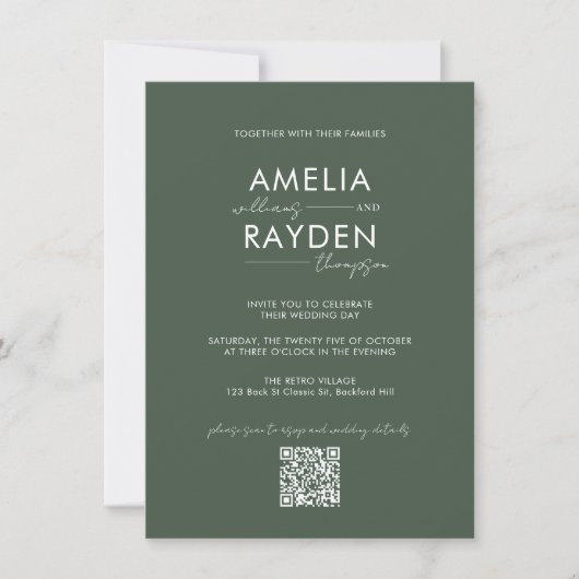 Donkergroen Typografie Script Foto QR Code Bruilof Kaart (Voorkant)