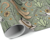 Donkergroen Western Lachende Cowboy Skull & Cactus Cadeaupapier (Rol Hoek)