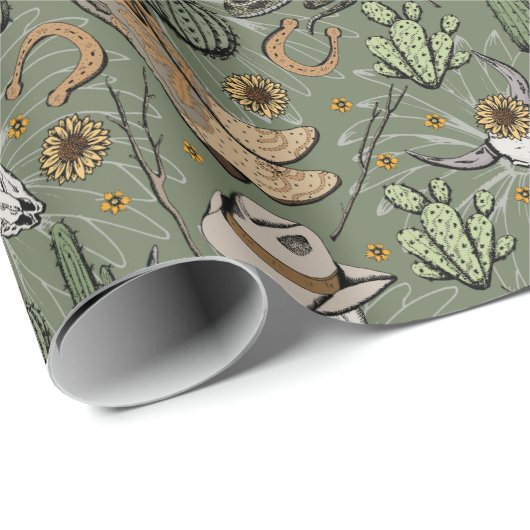 Donkergroen Western Lachende Cowboy Skull & Cactus Cadeaupapier (Rol Hoek)