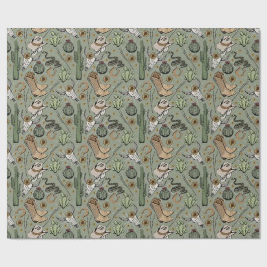 Donkergroen Western Lachende Cowboy Skull & Cactus Cadeaupapier (Vlak)