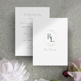Donkergroen & Wit Bloemen Monogram Bruiloft RSVP Kaartje