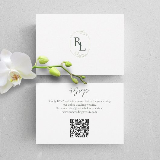 Donkergroen & Wit Bloemen Monogram QR Bruiloft RSV RSVP Kaartje