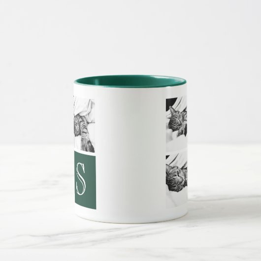 Donkergroen, wit instagram fotocollage monogram mok (Midden)