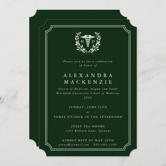 Donkergroen/Wit MD Dokter Caduceus Afstuderen Kaart (Voorkant / Achterkant)