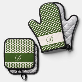 Donkergroen & Wit Monogrammed Polka-Dot Ovenwant & Pannenlap Set