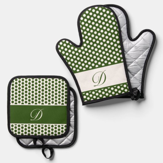 Donkergroen & Wit Monogrammed Polka-Dot Ovenwant & Pannenlap Set (Voorkant / Achterkant)