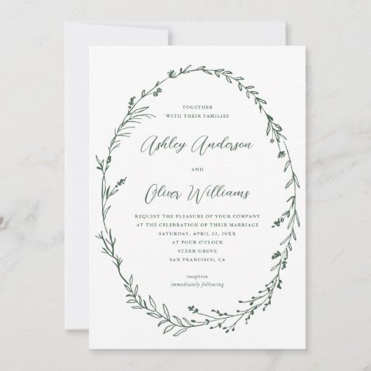 Donkergroen Wit Rustieke Wildflower Krans bruiloft Kaart (Voorkant)