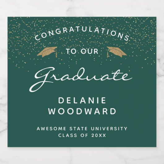 Donkergroen wit script Gold Pet Afstuderen Sparkling Wijnetiket (Enkel label)