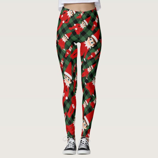 Donkergroen Zwart Check Elf Kerst Pyjama Broek Leggings (Voorkant)