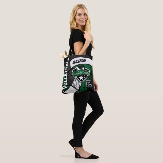 Donkergroen, zwart en wit volleybal tote bag (Op model)