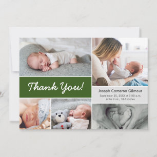 Donkergroene, aangepaste foto Collage Baby Boy Bir Bedankkaart