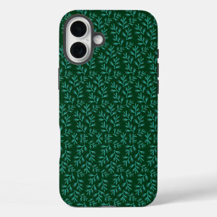 Donkergroene achtergrond met turquoise botanische iPhone 16 plus hoesje