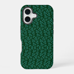 Donkergroene achtergrond met turquoise botanische iPhone 16 hoesje