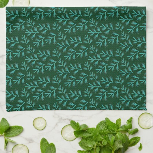 Donkergroene achtergrond met turquoise botanische  theedoek (Gevouwen)